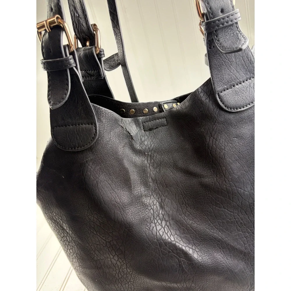 Vintage Y2K Boho Black Leather Studded Slouchy Hobo Chic Shoulder Bag Purse